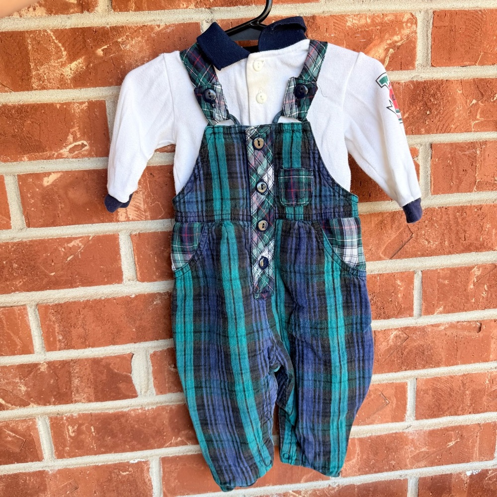 Vintage 90s Champion Football Team blue & green plaid baby romper 2 piece